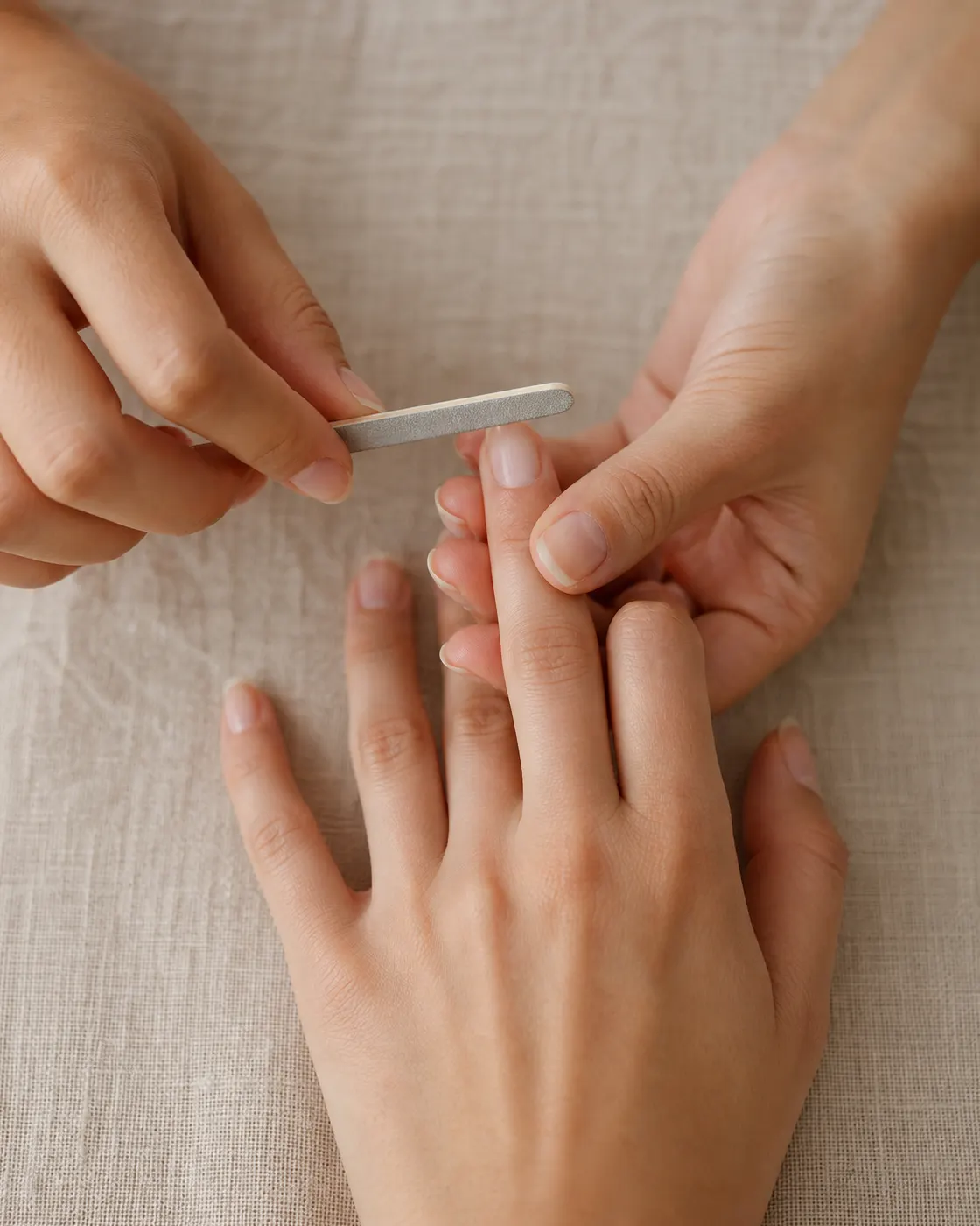 A manicurist shaping a client’s nail with a fine file on a cream linen towel.