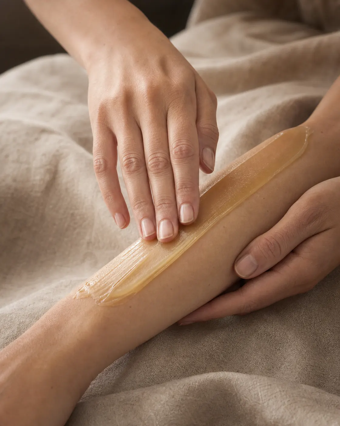 A therapist smoothing a strip of warm wax along a client’s forearm.