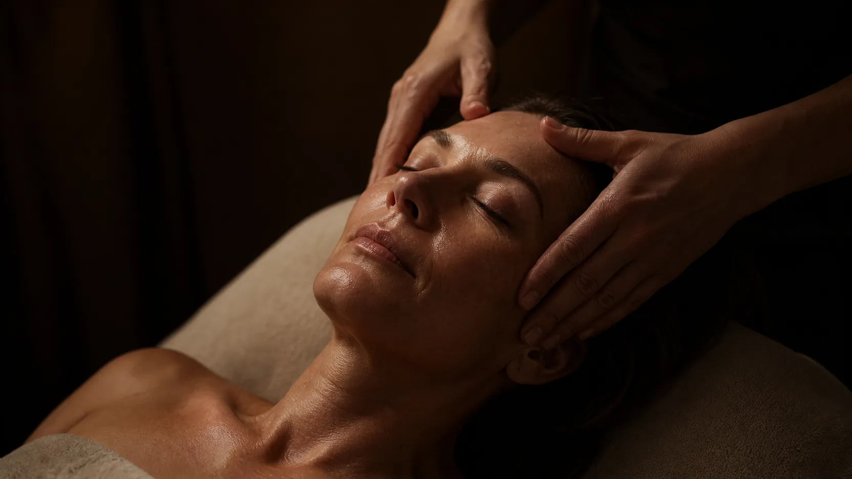 A client resting on a treatment bed while a therapist massages serum into her forehead.